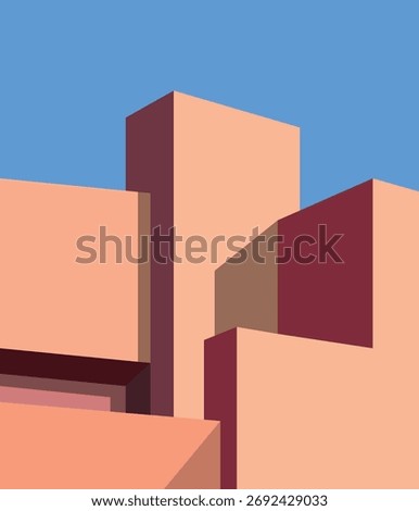 Abstract minimal building with blue sky background. Geometric Modern Architecture Illustration. Minimal Colorful Building on a Sunny Day. Abstract Shapes and Flat colorful building Design. Modern art.