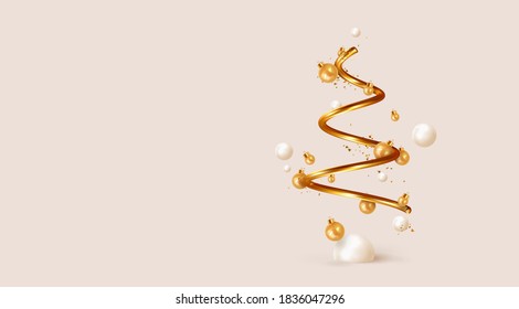 Abstract minimal christmas design, golden metallic cone spiral tree, with realistic holiday baubles round balls. Xmas decorative 3D objects. Christmas and New Year background. vector illustration