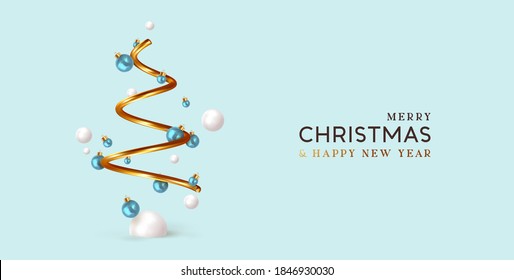 Abstract minimal christmas design, golden metallic cone spiral tree, with realistic holiday baubles round balls. Xmas decorative 3D objects. Christmas and New Year background. vector illustration