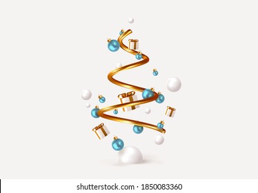 Abstract minimal christmas design, golden metallic cone spiral tree, with realistic holiday baubles round balls. Xmas decorative 3D objects. Christmas and New Year background. vector illustration