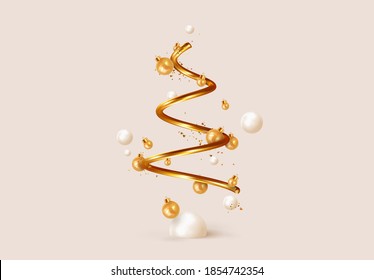 Abstract minimal Christmas design, golden metallic cone spiral tree, with realistic holiday baubles round balls. Xmas decorative 3D objects. Christmas and New Year background. vector illustration