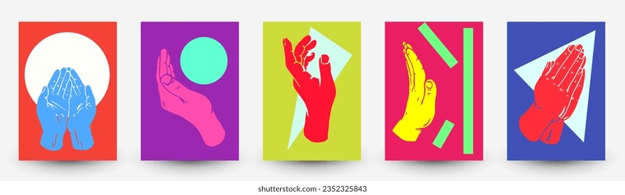 Abstrakte minimale Komposition mit leuchtenden geometrischen Formen und menschlicher Hand in modernem Mode-Flachstil. Legen Sie eine lebendige Vorlage für Cover, Banner, Flyer, Poster. Kollektion, Vektorgrafik.