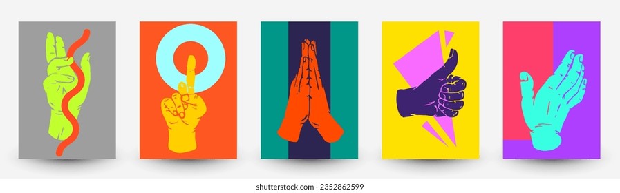 Abstract minimal composition with bright geometric shapes and human hand in modern fashion flat style. Set vivid template for cover, banner, flyer, poster. Collection vector illustration.