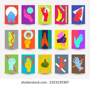 Resumen de composición mínima con formas geométricas brillantes y mano humana en estilo moderno plano. Establece una plantilla vívida para portada, pancarta, volante, afiche. Ilustración vectorial de colección.