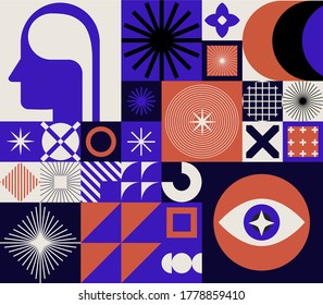 Abstract minimal composition of geometric bold simple shapes and flat illustration of head and eye. Concept of human psychology and mental health.