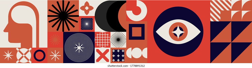 Abstract minimal composition of geometric bold simple shapes and flat illustration of head and eye. Concept of human psychology and mental health.