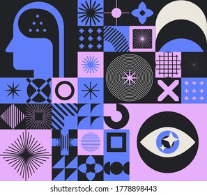 Abstract Minimal Composition Of Geometric Bold Simple Shapes And Flat Illustration Of Head And Eye. Concept Of Human Psychology And Mental Health.