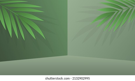 Abstract minimal  cylinder display with green plant leaves presentation in a blue background, illustration 3d Vector EPS 10