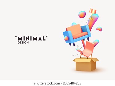 Abstract minimal design with realistic 3d objects. Open cardboard box with furniture armchair, chair and table lamp, move and delivery concept. Creative poster, banner. Vector illustration
