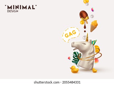 Abstract minimal design with realistic 3d objects. White Unicorn head, ice cream and palm leaves summer composition. Creative poster, banner. Vector illustration