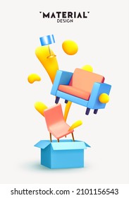 Abstract Minimal Design With Realistic 3d Objects. Open Cardboard Box With Furniture Armchair, Chair And Table Lamp, Move And Delivery Concept. Creative Poster, Banner. Vector Illustration