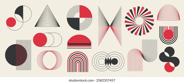 Abstract minimal element mid century vector set. Aesthetic contemporary stripe line art, geometric shape in black and red. Art form design for wall art, decoration, wallpaper.