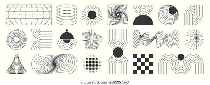 Abstract minimal element mid century vector set. Aesthetic contemporary stripe line art, geometric shape in monochrome. Art form design for wall art, decoration, wallpaper.