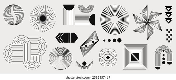 Abstract minimal element mid century vector set. Aesthetic contemporary stripe line art, geometric shape in monochrome. Art form design for wall art, decoration, wallpaper.