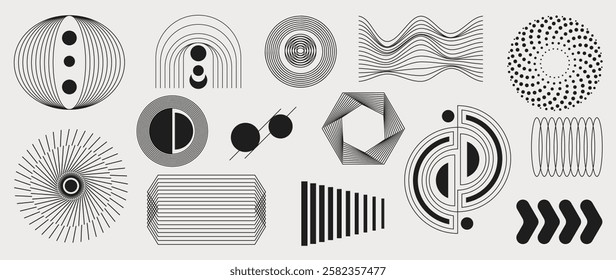 Abstract minimal element mid century vector set. Aesthetic contemporary stripe line art, geometric shape in monochrome. Art form design for wall art, decoration, wallpaper.