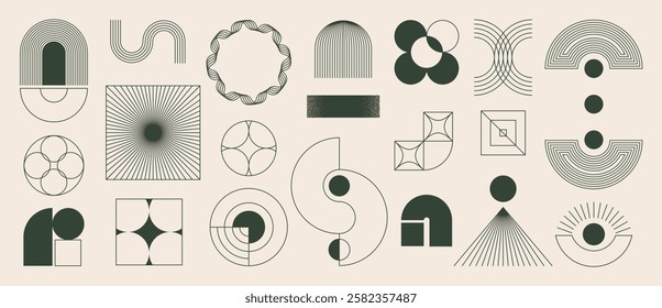 Abstract minimal element mid century vector set. Aesthetic contemporary stripe line art, geometric shape in green. Art form design for wall art, decoration, wallpaper.