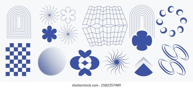 Abstract minimal element mid century vector set. Aesthetic contemporary stripe line art, geometric shape in blue. Art form design for wall art, decoration, wallpaper.