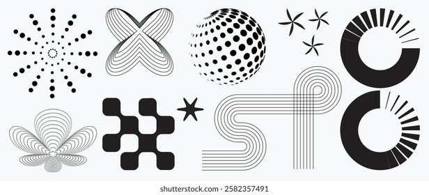 Abstract minimal element mid century vector set. Aesthetic contemporary stripe line art, geometric shape in monochrome. Art form design for wall art, decoration, wallpaper.