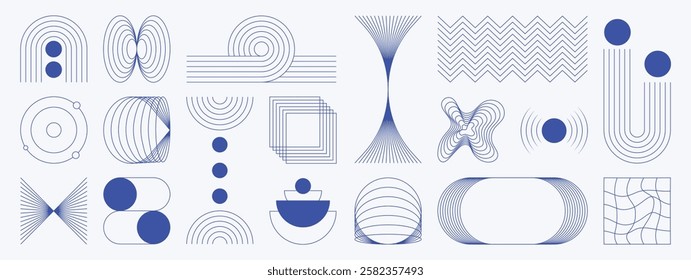 Abstract minimal element mid century vector set. Aesthetic contemporary stripe line art, geometric shape in blue. Art form design for wall art, decoration, wallpaper.