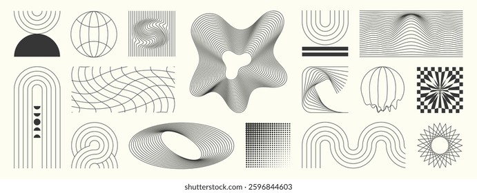 Abstract minimal element mid century vector set. Aesthetic contemporary stripe line art, geometric shape in monochrome. Art form design for wall art, decoration, wallpaper.