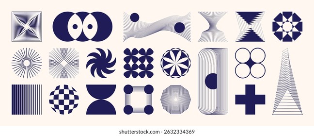 Abstract minimal element mid century vector set. Aesthetic contemporary stripe line art, geometric shape in blue. Art form design for wall art, decoration, wallpaper.