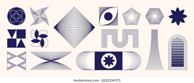 Conjunto de vetor de elemento mínimo abstrato de meados do século. Arte estética contemporânea em linha de faixa, forma geométrica em azul. Design de forma de arte para arte de parede, decoração, papel de parede.