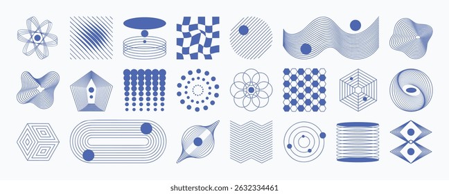 Conjunto de vetor de elemento mínimo abstrato de meados do século. Arte estética contemporânea em linha de faixa, forma geométrica em azul. Design de forma de arte para arte de parede, decoração, papel de parede.