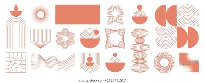 Abstraktes minimales Element Mitte Jahrhundert Vektor-Set. Ästhetische zeitgenössische Streifenlinienkunst, geometrische Form in Orange. Kunst Form Design für Wandkunst, Dekoration, Tapete.