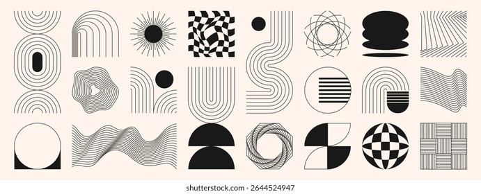 Abstract minimal element mid century vector set. Aesthetic contemporary stripe line art, geometric shape in monochrome. Art form design for wall art, decoration, wallpaper.