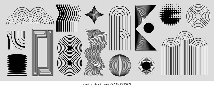 Abstract minimal element mid century vector set. Aesthetic contemporary stripe line art, vintage geometric shape in monochrome. Atomic age Art form design for wall art, decoration, wallpaper.