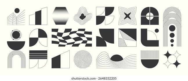 Abstract minimal element mid century vector set. Aesthetic contemporary stripe line art, vintage geometric shape in monochrome. Atomic age Art form design for wall art, decoration, wallpaper.