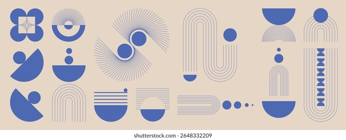 Abstract minimal element mid century vector set. Aesthetic contemporary stripe line art, vintage geometric shape in blue. Atomic age Art form design for wall art, decoration, wallpaper.