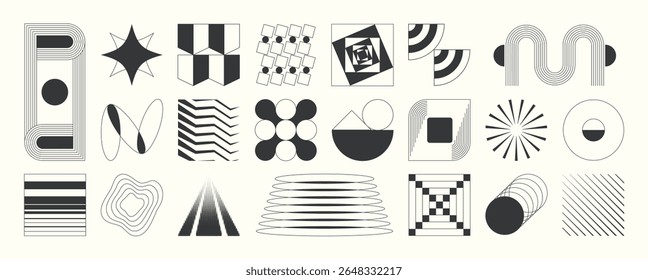 Abstract minimal element mid century vector set. Aesthetic contemporary stripe line art, vintage geometric shape in monochrome. Atomic age Art form design for wall art, decoration, wallpaper.
