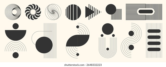 Abstract minimal element mid century vector set. Aesthetic contemporary stripe line art, vintage geometric shape in monochrome. Atomic age Art form design for wall art, decoration, wallpaper.