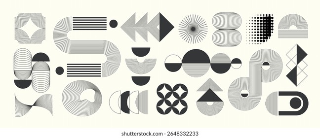 Abstract minimal element mid century vector set. Aesthetic contemporary stripe line art, vintage geometric shape in monochrome. Atomic age Art form design for wall art, decoration, wallpaper.