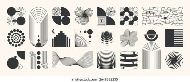 Abstract minimal element mid century vector set. Aesthetic contemporary stripe line art, vintage geometric shape in monochrome. Atomic age Art form design for wall art, decoration, wallpaper.