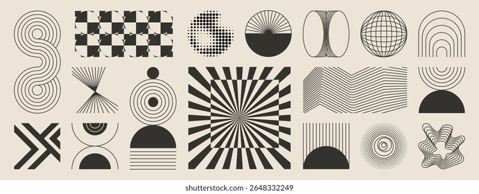 Abstract minimal element mid century vector set. Aesthetic contemporary stripe line art, vintage geometric shape in monochrome. Atomic age Art form design for wall art, decoration, wallpaper.