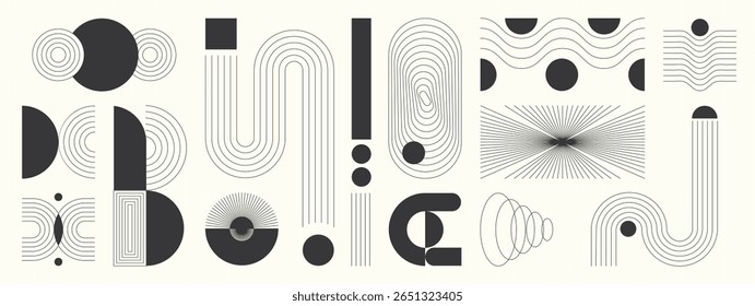 Abstract minimal element mid century modern vector set. Aesthetic contemporary stripe line art, geometric shape in monochrome. Art form design for wall art, decoration, wallpaper.