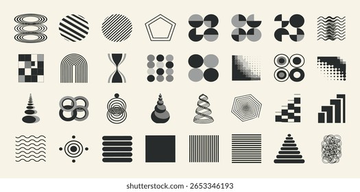Conjunto de vetor de elemento mínimo abstrato de meados do século. Arte estética contemporânea em linha de faixa, forma geométrica em monocromático. 