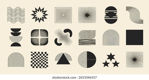 Conjunto de vetor de elemento mínimo abstrato de meados do século. Arte estética contemporânea em linha de faixa, forma geométrica em monocromático.