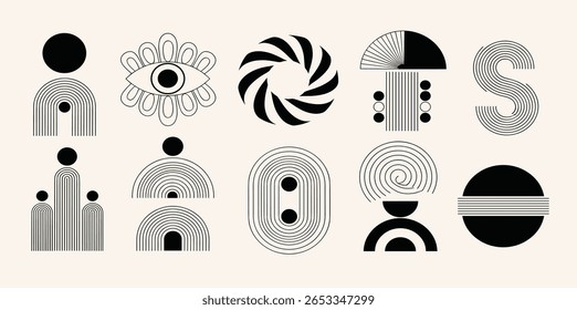 Conjunto de vetor de elemento mínimo abstrato de meados do século. Arte estética contemporânea em linha de faixa, forma geométrica em monocromático