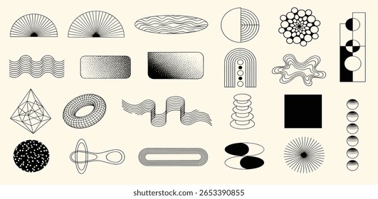 Abstract minimal element mid century vector set. Aesthetic contemporary stripe line art, geometric shape in monochrome. 
