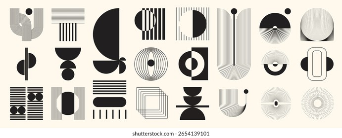 Abstract minimal element mid century vector set. Aesthetic contemporary stripe line art, vintage geometric shape in monochrome. Atomic age Art form design for wall art, decoration, wallpaper.
