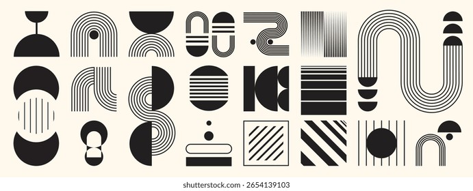 Abstract minimal element mid century vector set. Aesthetic contemporary stripe line art, vintage geometric shape in monochrome. Atomic age Art form design for wall art, decoration, wallpaper.