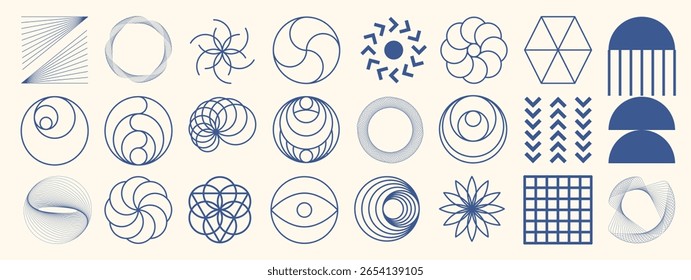 Abstract minimal element mid century vector set. Aesthetic contemporary stripe line art, vintage geometric shape in blue. Atomic age Art form design for wall art, decoration, wallpaper.