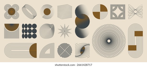 Abstract minimal element mid century vector set. Aesthetic contemporary stripe line art, vintage geometric shape,halftone in monochrome and brown. Atomic age Art form design for wall art, decoration.