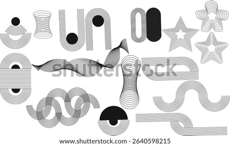 Abstract minimal element mid century vector set. Vector illustration of aesthetic contemporary stripe line art, geometric shape in monochrome. Art form design for wall art, decoration, wallpaper.