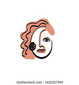 Abstract minimal face drawing with colorful pastel elements. Line portrait young woman. 