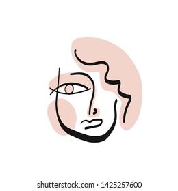 Abstract minimal face drawing with colorful pastel elements. Line portrait young woman. 
