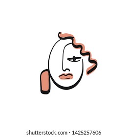 Abstract minimal face drawing with colorful pastel elements. Line portrait young woman. 